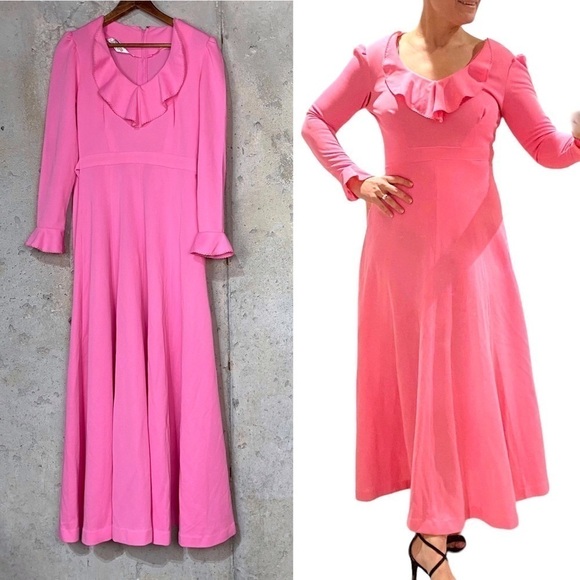 Vintage 70s Montgomery ward bright pink long sleeve ruffled maxi dress s/m - Picture 1 of 8